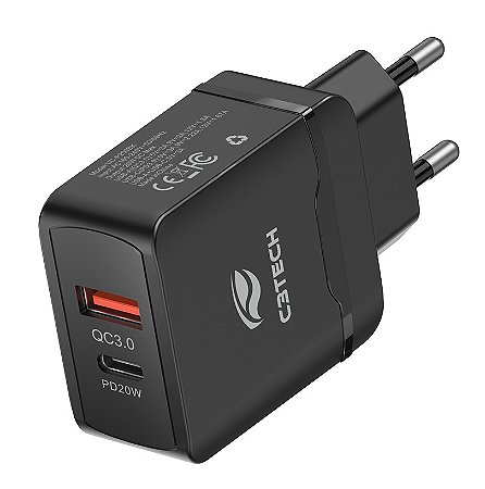 CARREGADOR RÁPIDO 1 PORTA USB QUICK CHARGE 1 PORTA TIPO C POWER DELIVERY C3TECH UC-P200BK