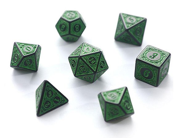 KIT 7 DADOS PARA RPG VERDE COM ENTALHE PRETO