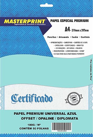 PAPEL OFFSET OPALINE DIPLOMATA AZUL MASTERPRINT A4 50 FOLHAS 180G