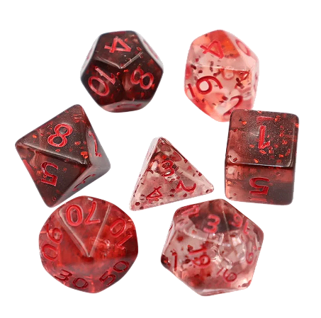 KIT 7 DADOS PARA RPG TRANSLUCIDO COM DETALHES EM VERMELHO