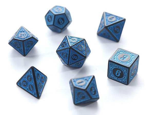KIT 7 DADOS PARA RPG AZUL COM ENTALHE PRETO
