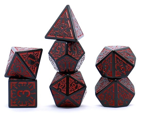 KIT 7 DADOS PARA RPG PRETO COM DESENHO VERMELHO