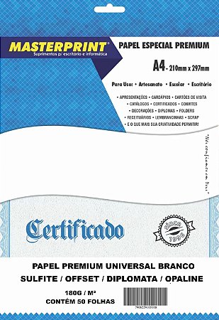 PAPEL OFFSET SULFITE OPALINE DIPLOMATA 180G A4 50 FOLHAS MASTERPRINT