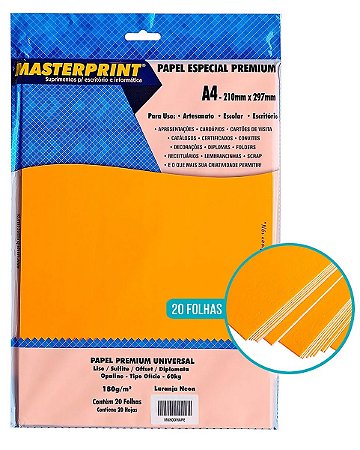 PAPEL OFFSET OPALINE DIPLOMATA LARANJA NEON 180G MASTERPRINT A4 20 FOLHAS