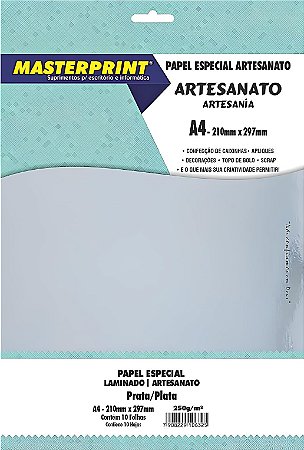 PAPEL ESPECIAL ARTESANATO LAMINADO LAMICOTE PRATA 250G MASTERPRINT A4 10 FOLHAS