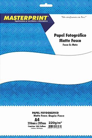 PAPEL FOTO MATTE FOSCO MASTERPRINT A4 100 FOLHAS DUPLA FACE 220G