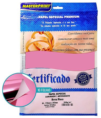 PAPEL ESPECIAL ARTESANATO LAMINADO LAMICOTE ROSA 250G MASTERPRINT A4 10 FOLHAS