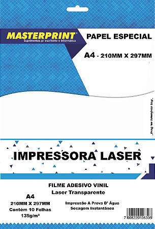 FILME ADESIVO VINIL LASER TRANSPARENTE MASTERPRINT A4 135G 10 FOLHAS