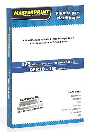 PLASTICO PARA PLASTIFICAÇÃO POLASEAL OFICIO 175 MICRAS 100 UNIDADES MASTERPRINT