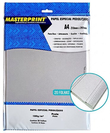 PAPEL ESPECIAL PEROLIZADO PRATA 180G MASTERPRINT A4 20 FOLHAS