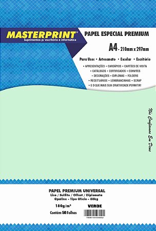 PAPEL OFFSET SULFITE OPALINE DIPLOMATA VERDE 180G MASTERPRINT A4 50 FOLHAS