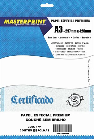 PAPEL BRANCO COUCHÊ SEMIBRILHO A3 200G MASTERPRINT 100 FOLHAS