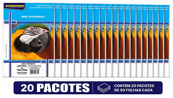 20 PACOTES PAPEL FOTO MASTERPRINT GLOSSY A4 180G 50 FOLHAS