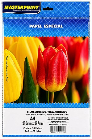 FILME ADESIVO VINIL BRANCO GLOSSY 135G A4 10 FOLHAS MASTERPRINT