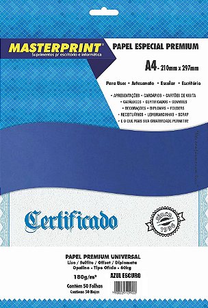 PAPEL OFFSET SULFITE OPALINE DIPLOMATA AZUL ESCURO A4 180G 50 FOLHAS MASTERPRINT