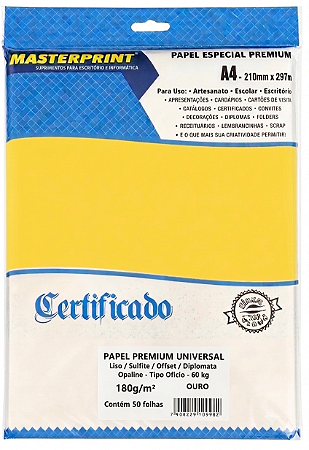 PAPEL OFFSET SULFITE OPALINE DIPLOMATA OURO A4 180G 50 FOLHAS MASTERPRINT