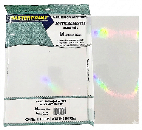 FILME LAMINAÇÃO A FRIO HOLOGRAFICO REGULAR A4 160G 10 FOLHAS MASTERPRINT