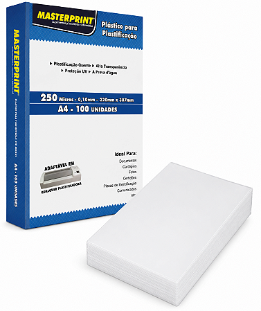 PLASTICO PARA PLASTIFICAÇÃO POLASEAL A4 250 MICRAS 100 UNIDADES MASTERPRINT
