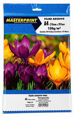 FILME ADESIVO VINIL TRANSPARENTE A4 150G 10 FOLHAS MASTERPRINT