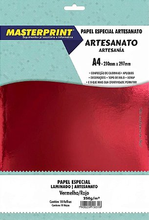 PAPEL ESPECIAL ARTESANATO LAMINADO LAMICOTE VERMELHO 250G MASTERPRINT A4 10 FOLHAS