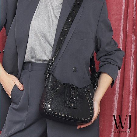Bolsa Transversal Grande Com Aplicacao De Metais 46094 - Preto - Coleção WJ Inverno 2025
