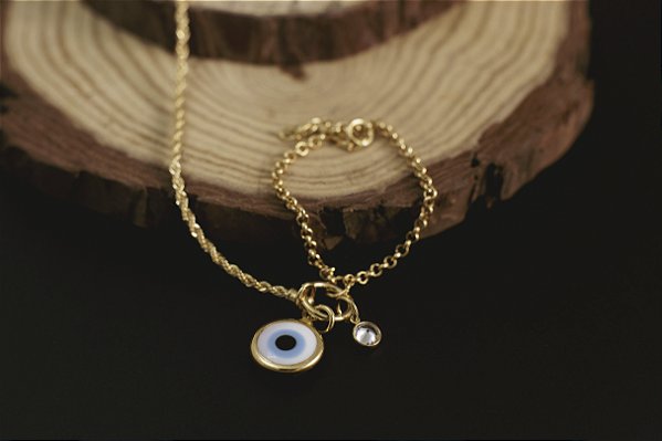 PULSEIRA CORDA FOLHEADA A OURO 18K OLHO GREGO