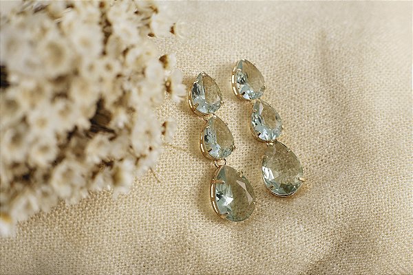 BRINCO PEDRA VERDE GOTAS FOLHEADO A OURO 18K