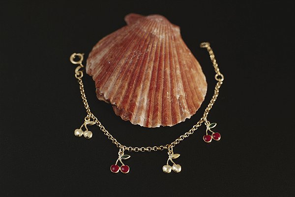 PULSEIRA INFANTIL CEREJAS FOLHEADA A OURO 18K