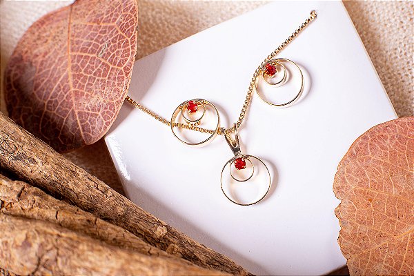 CONJUNTO FOLHEADO OURO 18K (BRINCO + CORDÃO + PINGENTE)