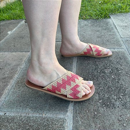 Rasteirinha Feminina Roses Tiras Cruzadas Corda Palha Chinelo Natural