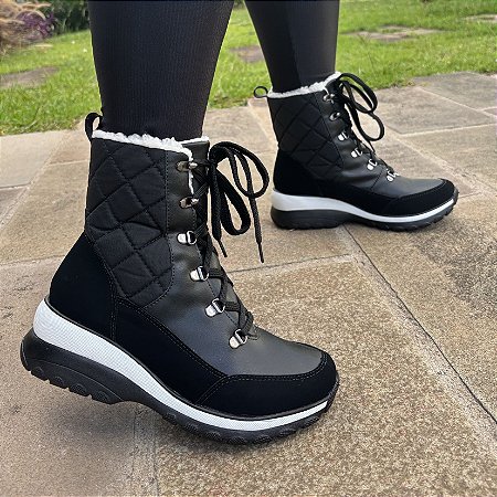 Bota Feminina Forrada Alins Cadarços Lã Inverno