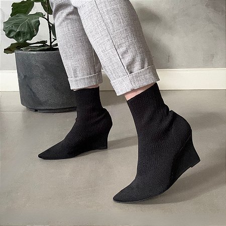Bota Meia Sorata Salto Alto Anabela Malha Bico Fino Tendência