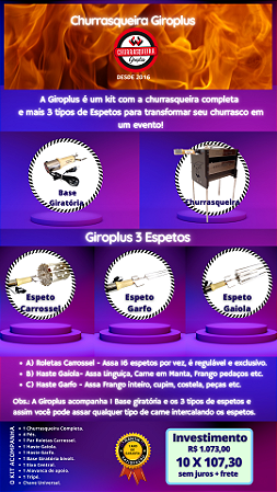 Churrasqueira  Giroplus 3 Espetos -Churrasqueira a Carvão com Espeto Giratório Elétrico (Bivolt)