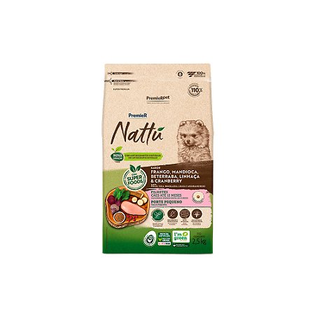 Ração Premier Nattu para Cães Filhotes de Raças Pequenas Sabor Mandioca 2,5KG
