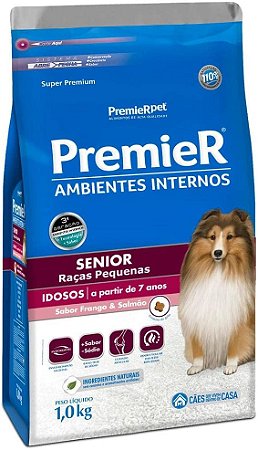 Ração Premier Senior Ambientes Internos para Cães Adultos 7+ Sabor Frango e Salmão 1kg