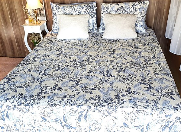 LENÇOL QUEEN DE MALHA 03 PEÇAS ESTAMPA TOILE DE JOUY