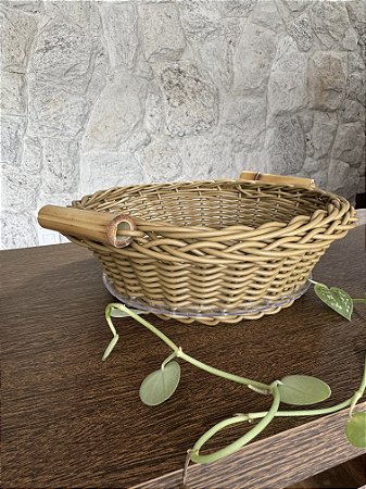 Cesta De Pão Redonda Jurerê Caramelo- Vime Sintético C/Alça de Bambu P