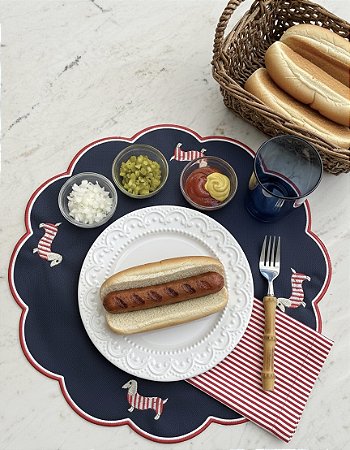 Jogo Americano Azul Marinho com Bordado Hot Dog