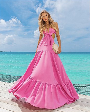 Vestido longo pink com laço - closet