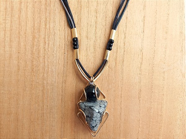 Colar regulável de ônix e obsidiana floco de neve