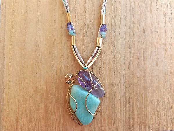 Colar regulável de amazonita e ametista