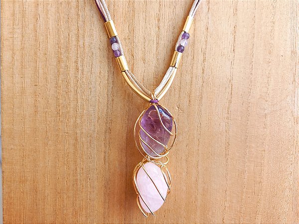 Colar regulável de ametista e quartzo rosa