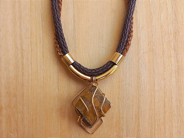 Colar curto cordão trançado de olho de tigre