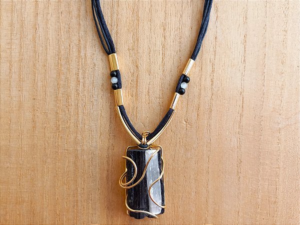Colar regulável de turmalina negra e selenita