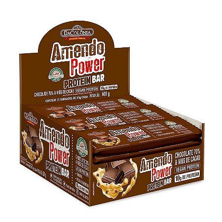 Barra Amendo Power Protein Bar Chocolate 70% & Nibs de Cacau 600g (Display c/ 12un)