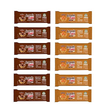 Combo Vegan AmendoPower Protein Bar 12 un (6 Barras de cada sabor: Chocolate 70% e Caramelo & Flor de sal)