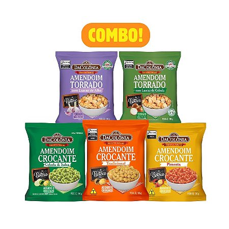 COMBO | 5 UN AMENDOIM SNACKS (Sabores de 90g: Lascas de Alho + Lascas de Cebola + Crocante Tradicional + Crocante Cebola e Salsa + Crocante Pimenta)