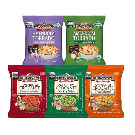 COMBO | 5 UN AMENDOIM SNACKS (Sabores de 90g: Lascas de Alho + Lascas de Cebola + Crocante Tradicional + Crocante Cebola e Salsa + Crocante Pimenta)