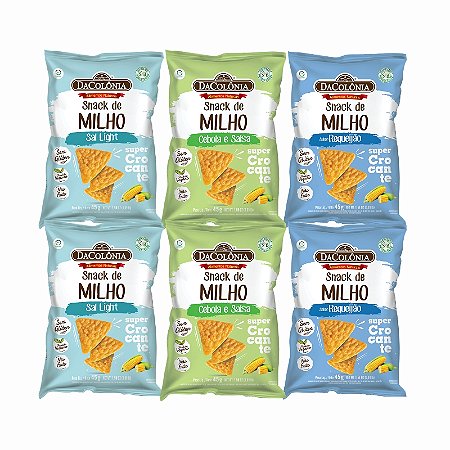 Combo Snacks de Milho 6 un (2 un por sabor: Natural, Requeijão e Cebola & Salsa)