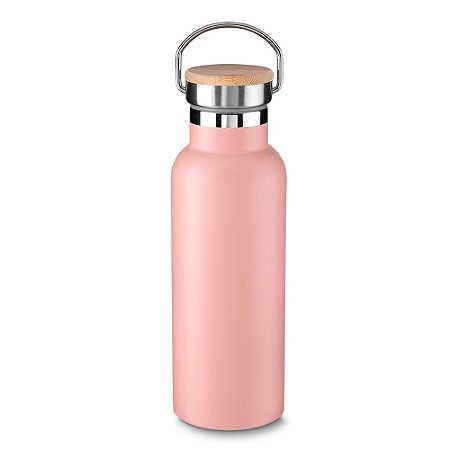 GARRAFA AÇO INOX TAMPA BAMBU - TÉRMICA ROSA 500 ML